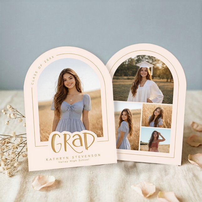 Blush Pink Gold Modern 5 Photo Grad Announcement (Front + Back View)