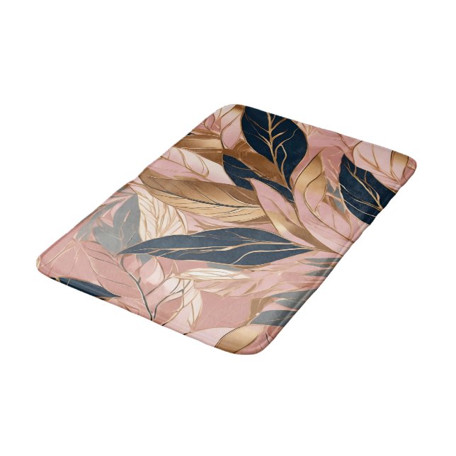 Blush Pink Gold Modern Boho Leaves Collection Bath Mat (Angled)