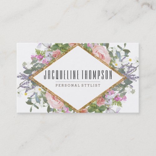 Blush Pink Gold Modern Geometric Floral Flowers Business Card