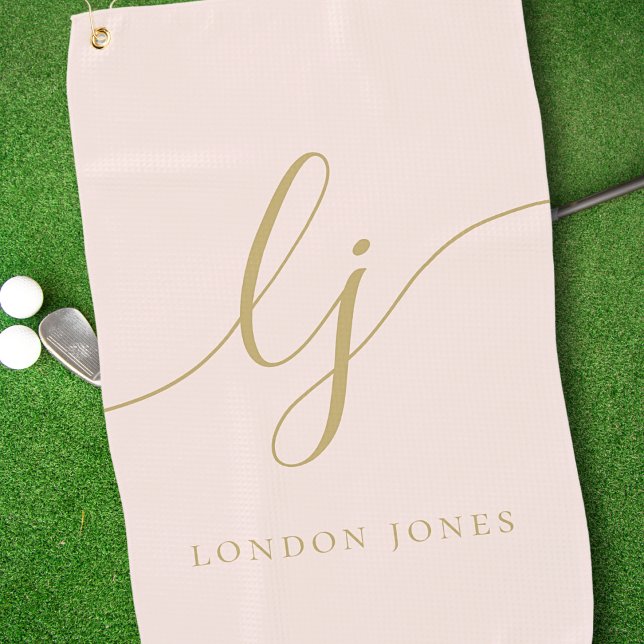 Blush Pink Gold Modern Script Monogram Name Girly Golf Towel (Creator Uploaded)