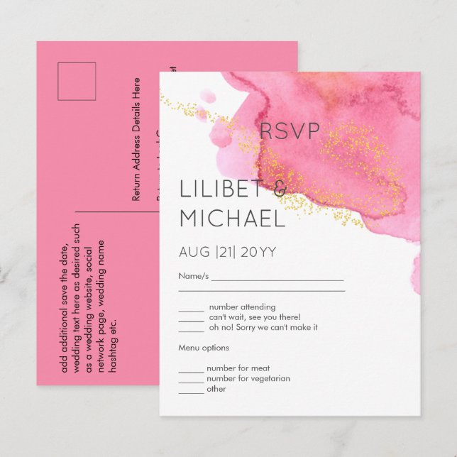 Blush Pink Gold Modern Wedding RSVP with Menu (Front/Back)
