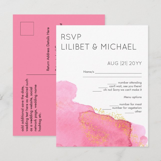 Blush Pink Gold Modern Wedding RSVP with Menu (Front/Back)