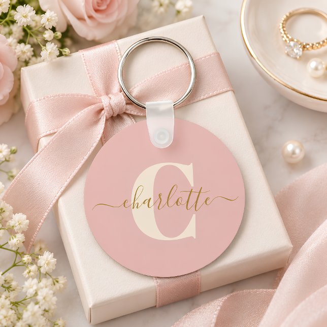 Blush Pink Gold Monogram Name Script Personalized Keychain (Creator Uploaded)