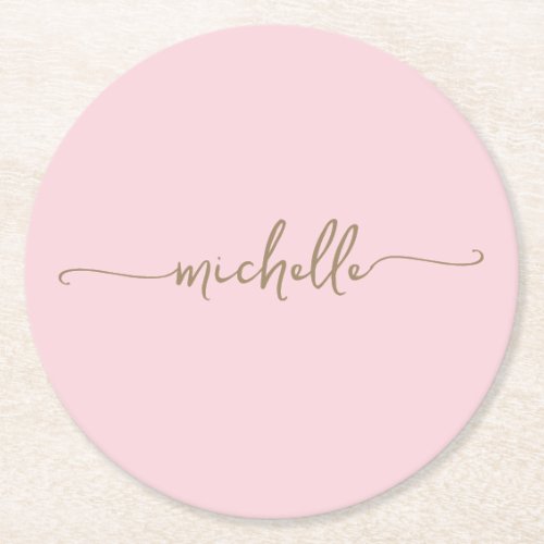 Blush Pink Gold Monogram Name Script Signature Round Paper Coaster