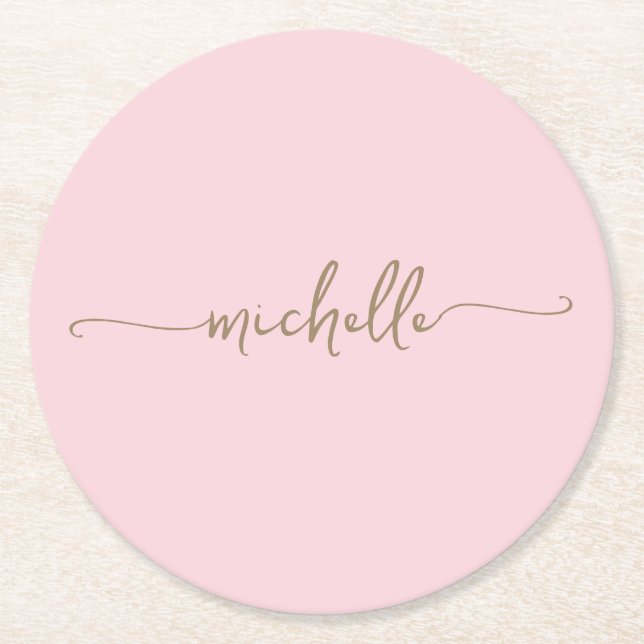 Blush Pink Gold Monogram Name Script Signature Round Paper Coaster (Front)
