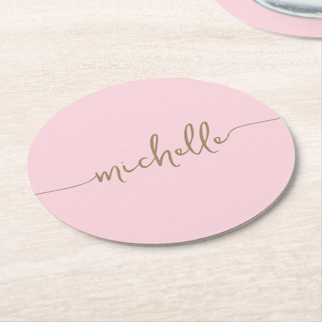 Blush Pink Gold Monogram Name Script Signature Round Paper Coaster (Angled)