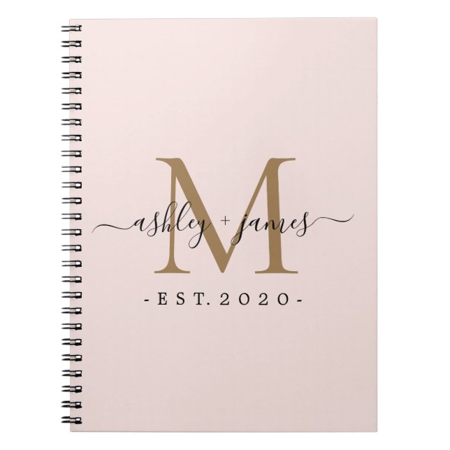 Blush Pink Gold Monogram Names Established Year Notebook (Front)