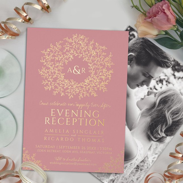 Blush pink gold monogram wedding reception photo foil invitation (Creator Uploaded)