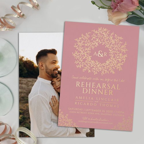 Blush pink gold monogram wedding rehearsal dinner foil invitation