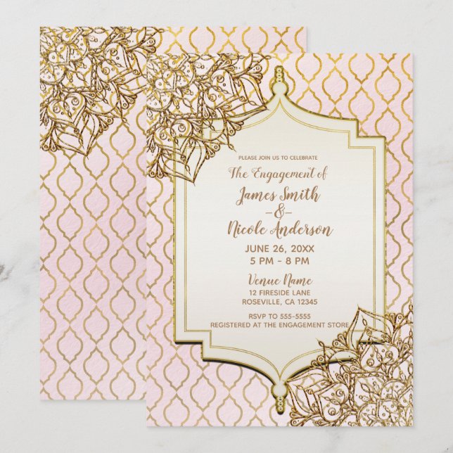 Blush Pink Gold Moroccan Arabian Nights Engagement Invitation (Front/Back)