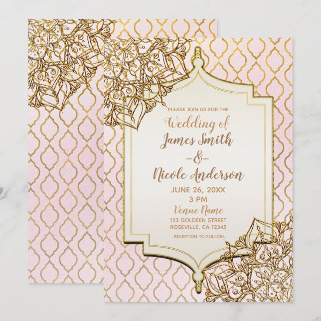 Blush Pink Gold Moroccan Arabian Nights Wedding Invitation (Front/Back)