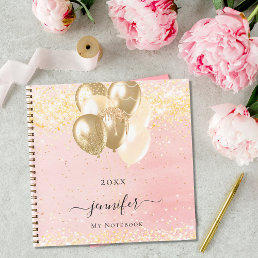 Blush pink gold name sparkles balloons notebook