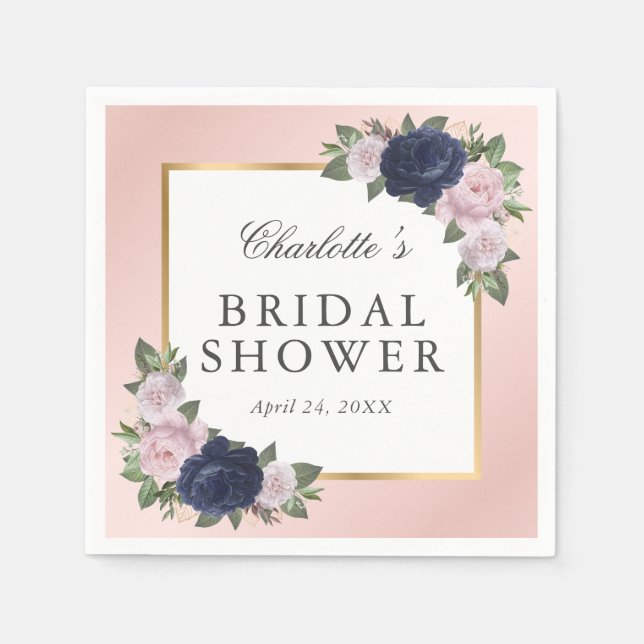 Blush Pink Gold Navy Blue Floral Bridal Shower Napkins (Front)
