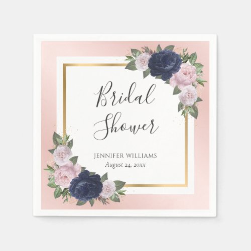 Blush Pink Gold Navy Blue Floral Bridal Shower Napkins