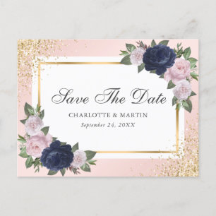 Blush Pink Gold Navy Blue Floral Wedding Announcement Postcard