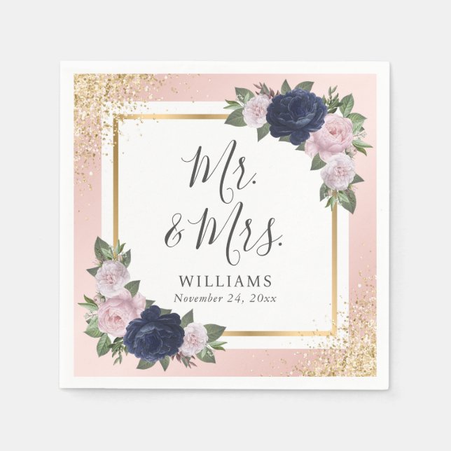 Blush Pink Gold Navy Blue Floral Wedding Napkins (Front)