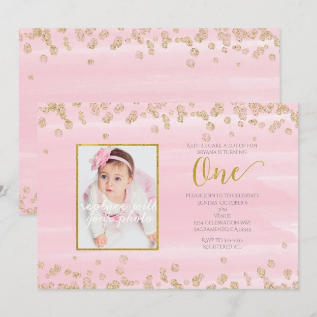Blush Pink Gold ONE 1st Birthday Photo Invitation (Front/Back)