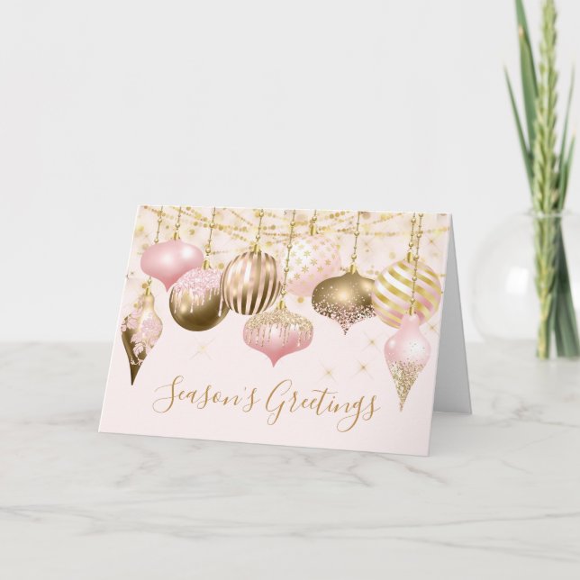 Blush Pink Gold Ornament Business Holiday Card (Front)