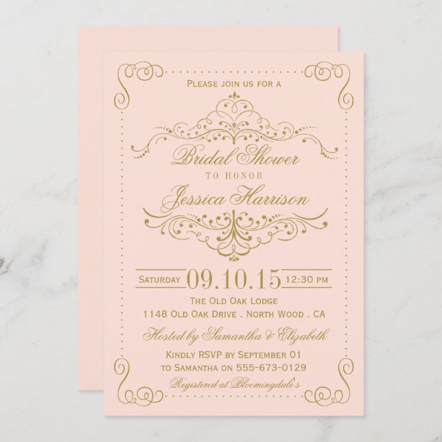 Blush Pink & Gold Ornate Swirl Bridal Shower Invitation (Front/Back)