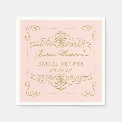 Blush Pink  Gold Ornate Swirl Bridal Shower Paper Napkins