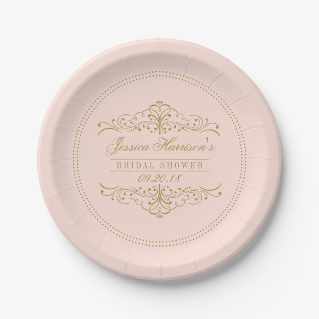 Blush Pink & Gold Ornate Swirl Bridal Shower Paper Plates (Front)