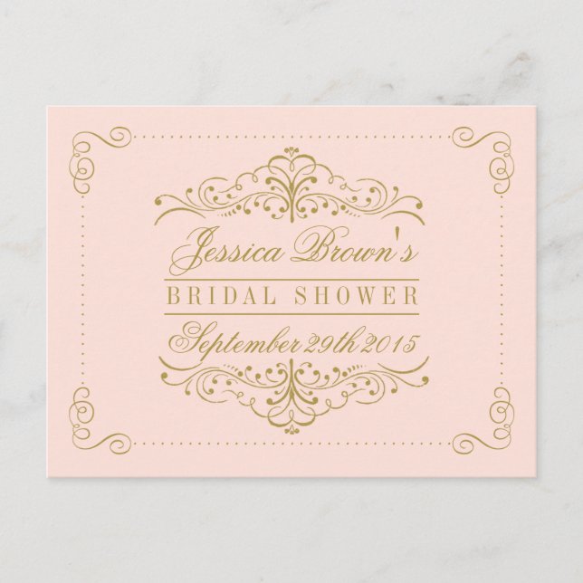 Blush Pink Gold Ornate Swirl Bridal Shower Recipe Invitation Postcard (Front)