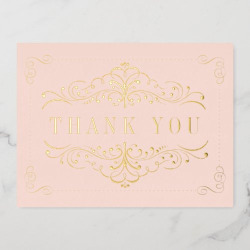 Blush Pink  Gold Ornate Swirl Wedding Thank You Foil Invitation Postcard