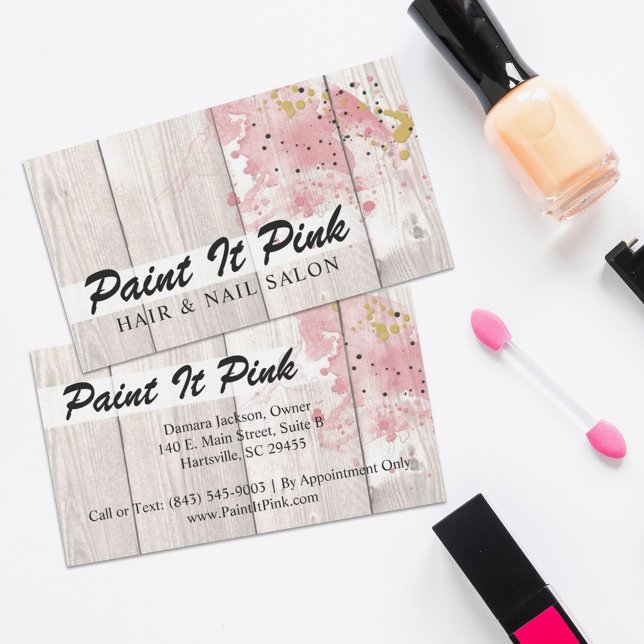 Blush Pink & Gold Paint Splatter on Rustic Wood Business Card (Creator Uploaded)