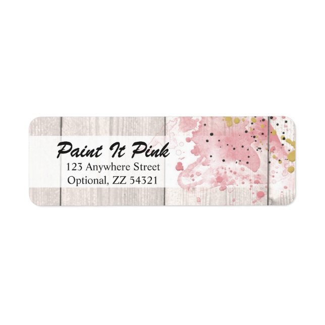 Blush Pink & Gold Paint Splatter on Rustic Wood Label (Front)