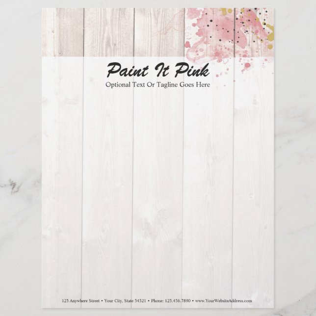Blush Pink & Gold Paint Splatter on Rustic Wood Letterhead (Front)