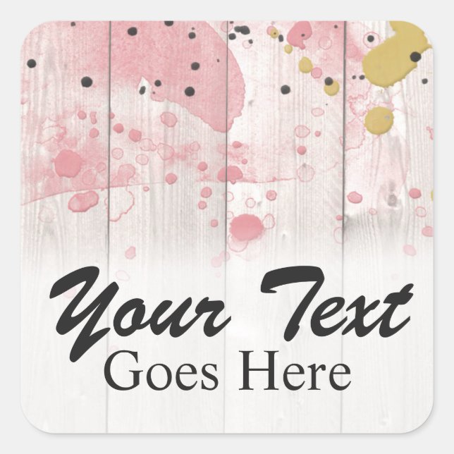 Blush Pink & Gold Paint Splatter on Rustic Wood Square Sticker (Front)