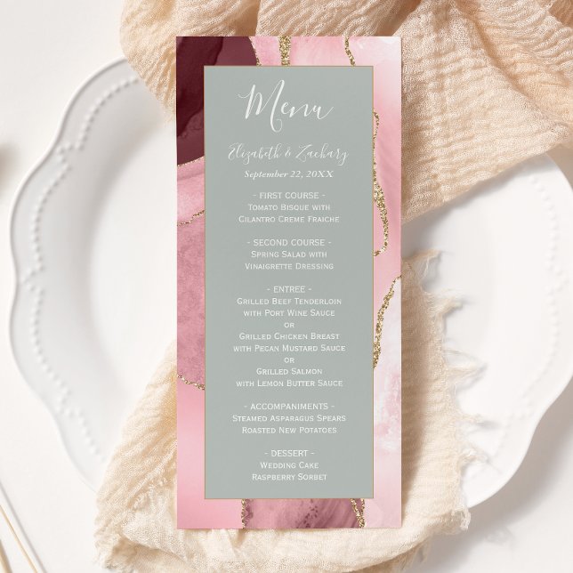 Blush Pink Gold Pale Sage Green Agate Wedding Menu (Creator Uploaded)