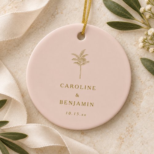 Blush Pink Gold Palm Tree Wedding Christmas Memory Ceramic Ornament