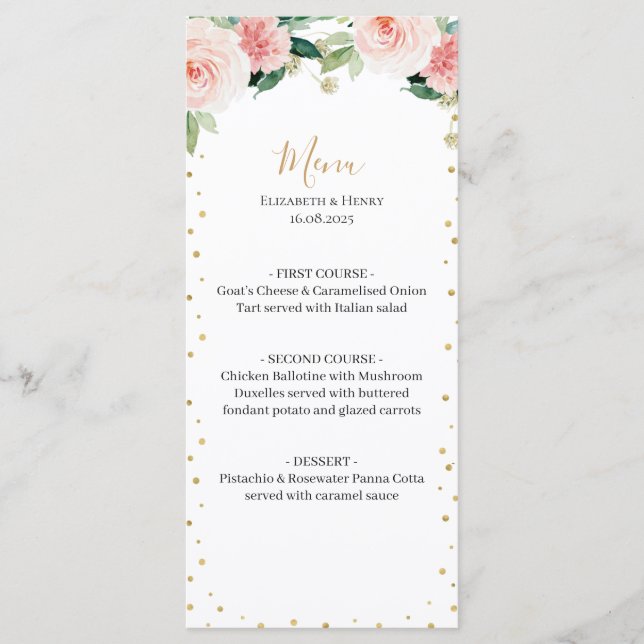 Blush pink gold peony floral elegant wedding menu (Front)