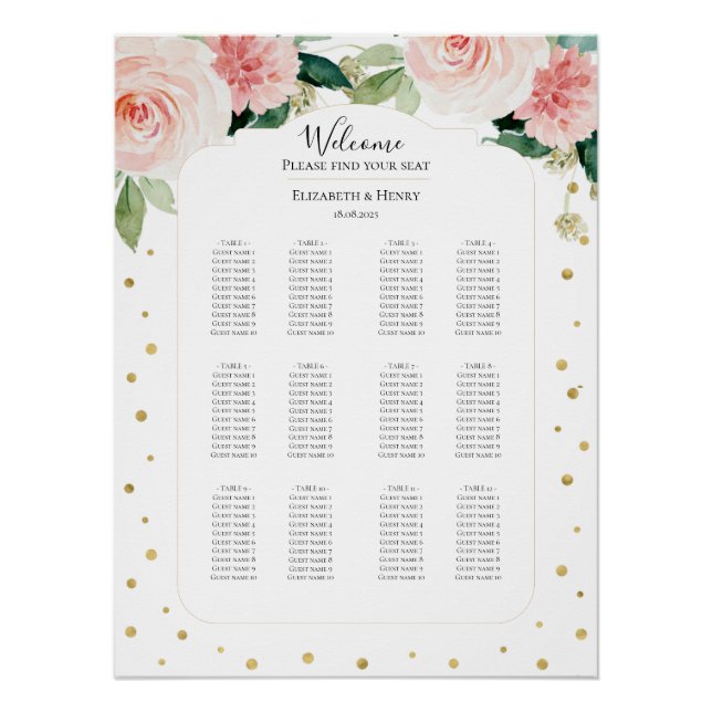 Blush pink gold peony floral wedding seating plan poster (Front)