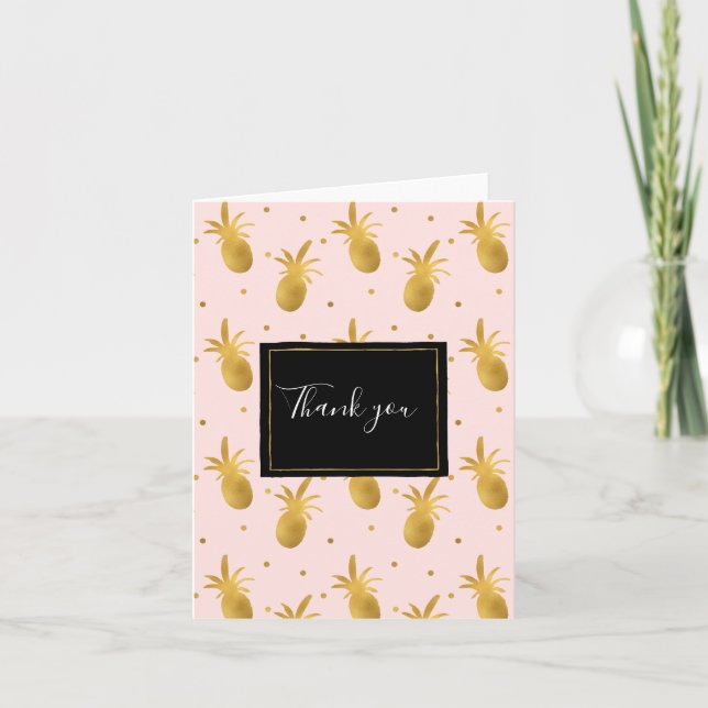 Blush Pink Gold Pineapples and Dots Thank you Card (Front)