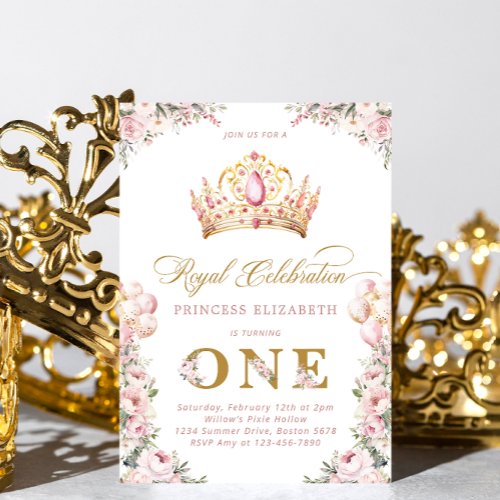 Blush Pink Gold Princess 1st Birthday Party Crown Invitation