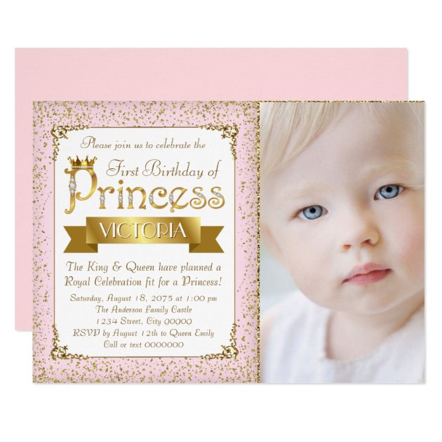 Blush Pink Gold Princess First Birthday Invitation