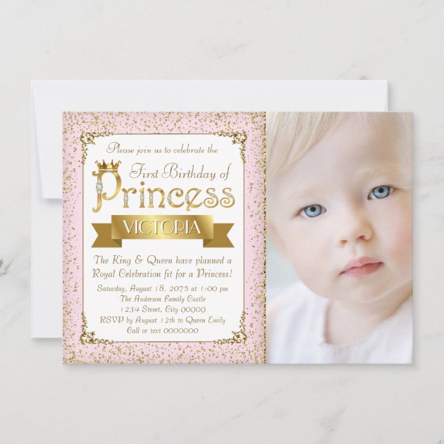 Blush Pink Gold Princess First Birthday Invitation (Front)