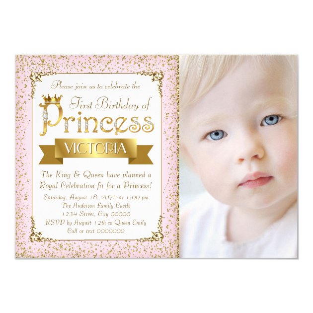 Blush Pink Gold Princess First Birthday Invitation