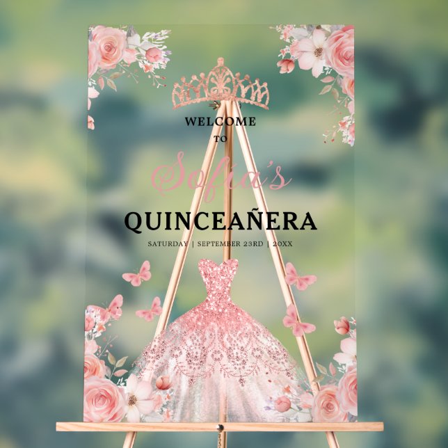 Blush Pink Gold Princess Quinceañera Welcome  Acrylic Sign (Neutral)