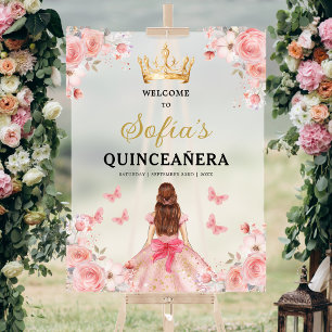Blush Pink Gold Princess Quinceañera Welcome Acrylic Sign