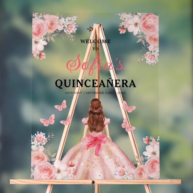 Blush Pink Gold Princess Quinceañera Welcome  Acrylic Sign (Neutral)