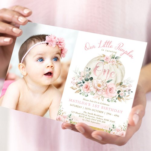 Blush Pink Gold Pumpkin 1st Birthday Fall Floral Invitation