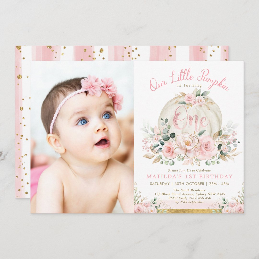 Blush Pink Gold Pumpkin 1st Birthday Fall Floral Invitation | Zazzle