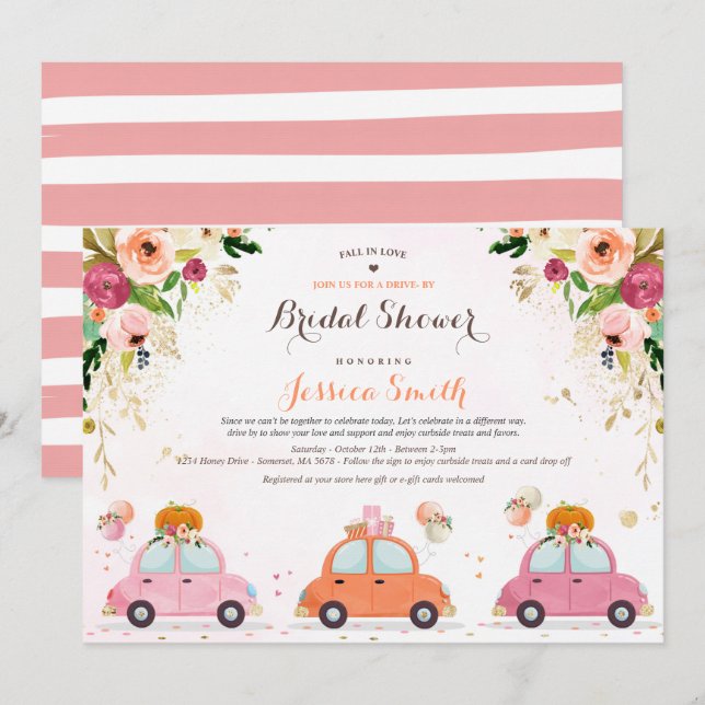 Blush Pink & Gold Pumpkin Drive By Bridal Shower Invitation (Front/Back)