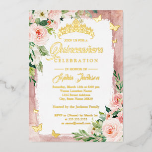 Blush Pink Gold Quinceanera Floral Butterfly  Foil Invitation