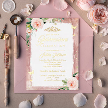 Blush Pink Gold Quinceanera Floral Sparkle Tiara   Foil Invitation by LittleBayleigh at Zazzle