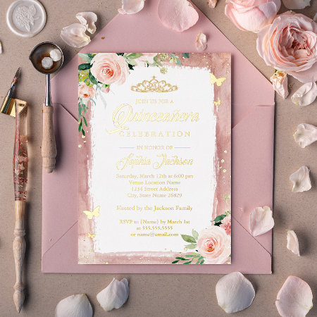 Blush Pink Gold Quinceanera Floral Sparkle Tiara   Foil Invitation