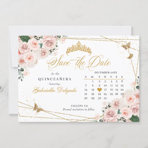 Blush Pink  Gold Quinceaera Save The Date Invitation